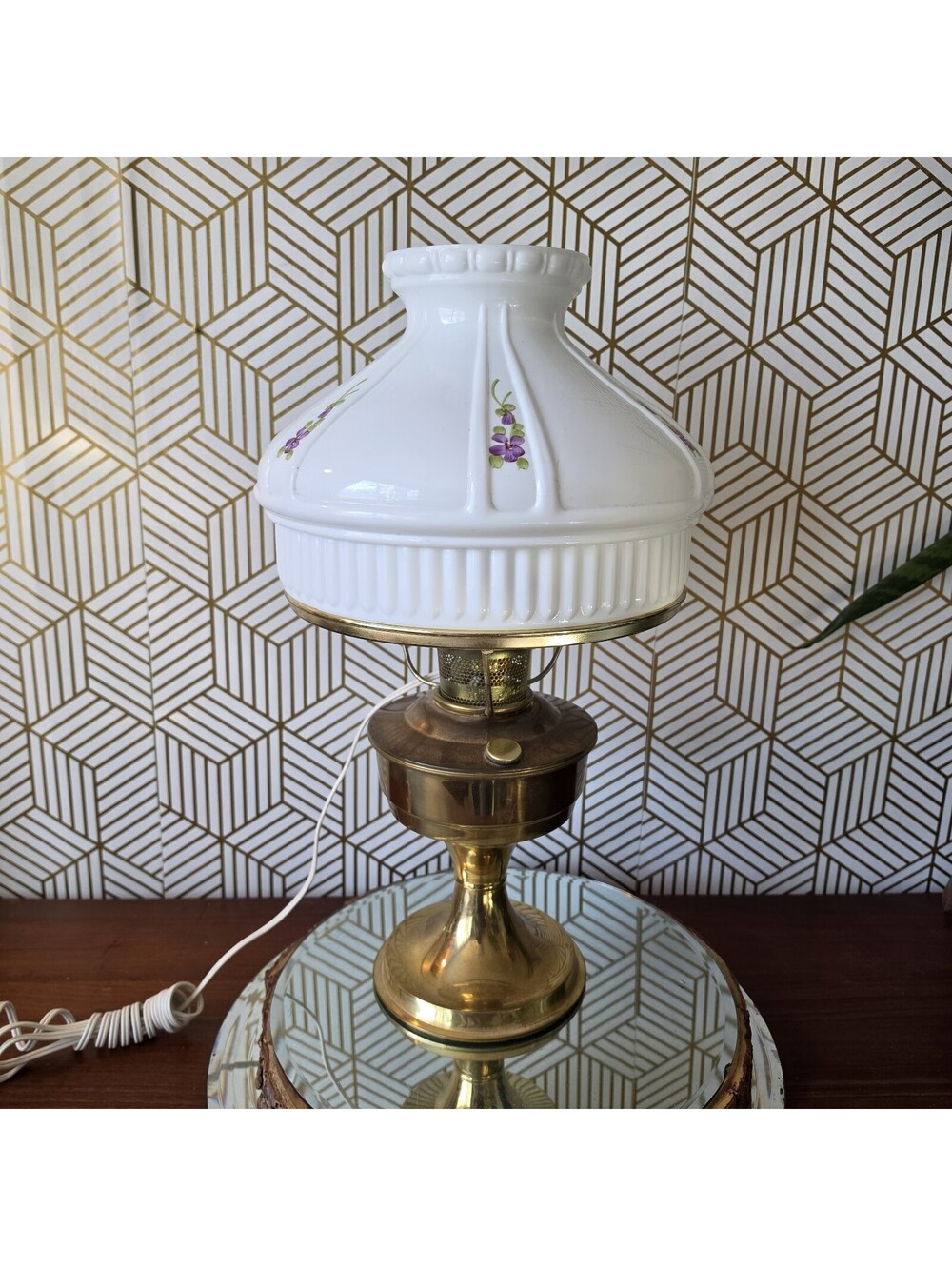 Vintage Kerosene Oil Style Brass Lamp Mill Glass Shade Purple Floral Hong Kong